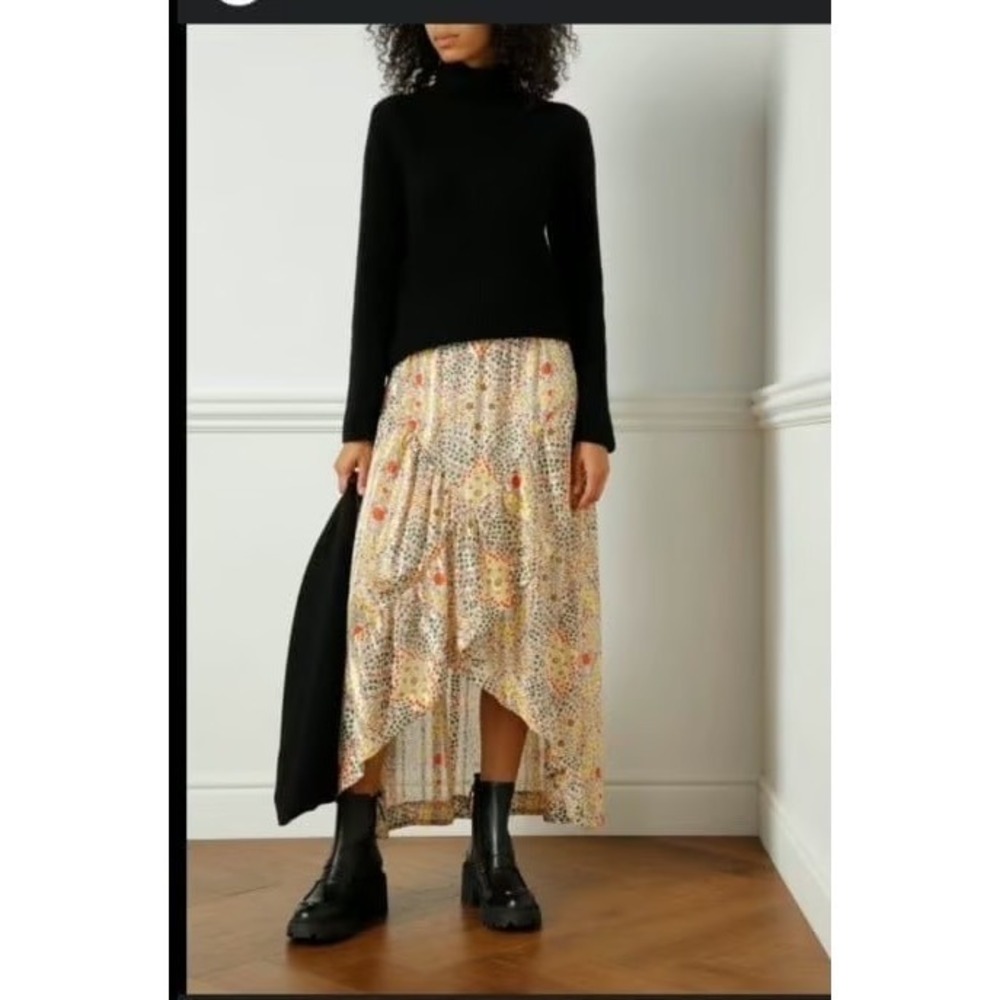 Ba&sh Women's  Floral‎ High-Low Wrap Maxi Skirt Metallic Siz S/6 Boho Ruffle